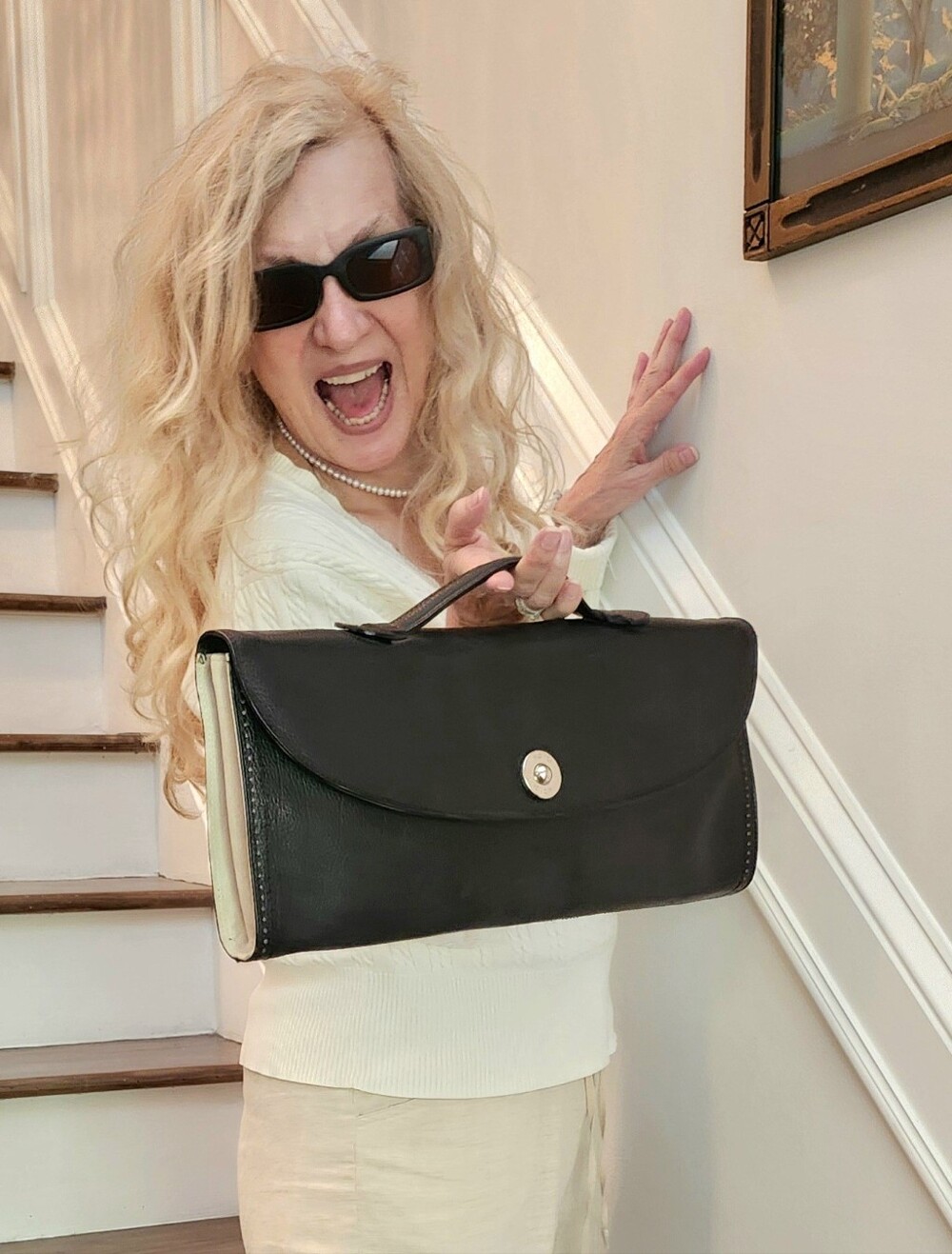 Mondi Vintage 80-90's Classic Black Leather Ex Long Top Handle Clutch Bag, $68